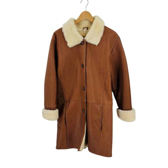 Vintage Excelled Shearling Leather Coat Chestnut Sheepskin Button Up Size S - Picture 1 of 12